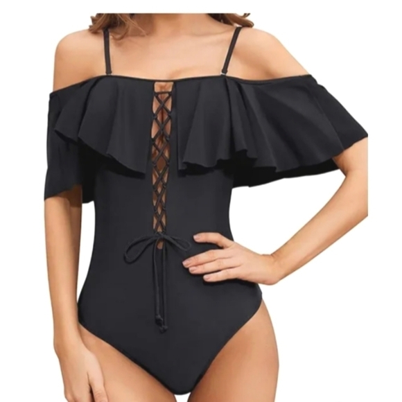 Off shoulder Florence ruffled one piece bath suite - Picture 1 of 9
